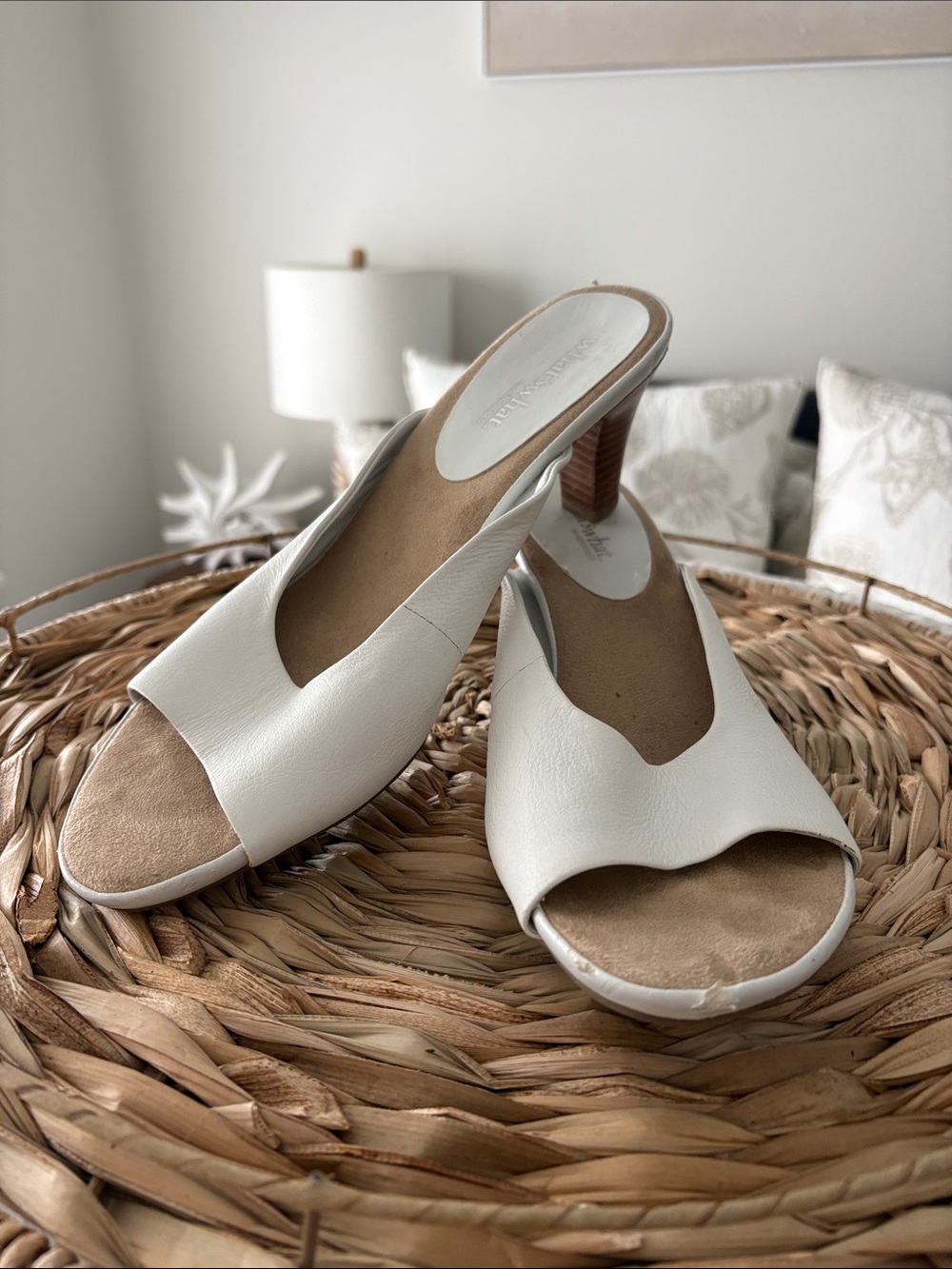 White Open-Toe Leather Heeled Mules